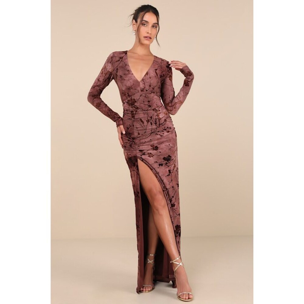 Lulus Dynamic Sensation Dark Mauve Floral Velvet Burnout Maxi Dress Purple